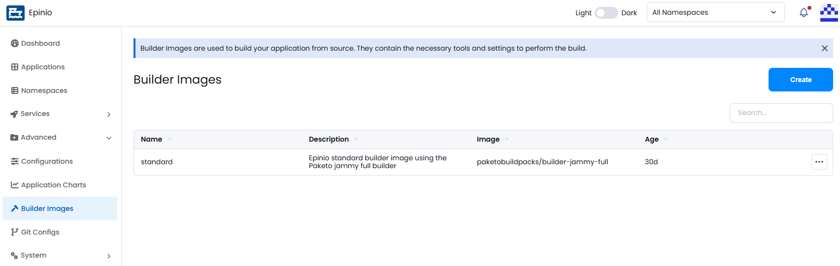 View of the Builder Images screen