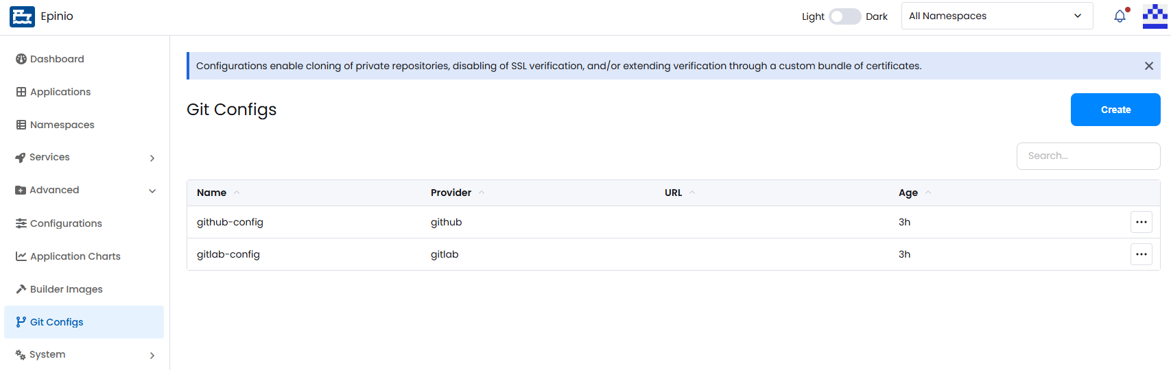 View of the Git Configs screen