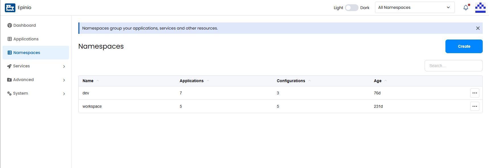 View of the Namespaces screen